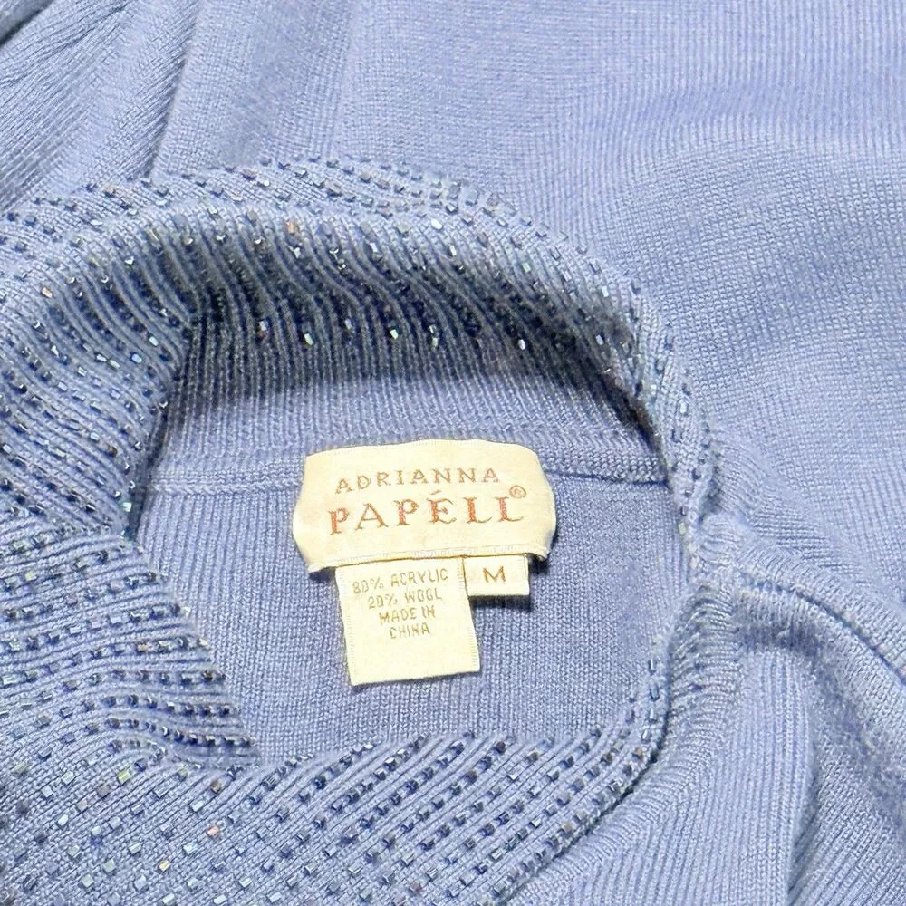Adrianna Papell Blue Embellished Mock Neck Wool Pullover Sweater Size Medium